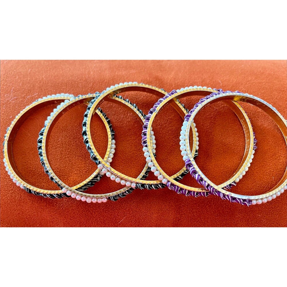 5 Bangle Bracelets India 2.25"  Blue Purple Madina Gold - Pearls Braded Colors
